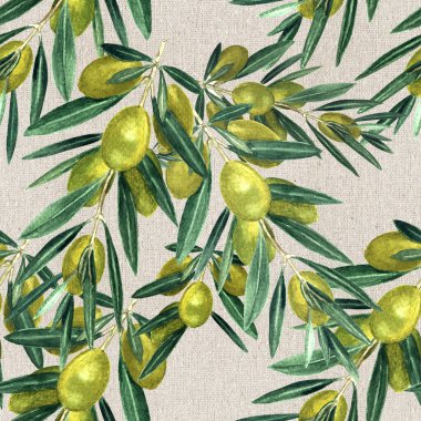 Keten dokusunda zeytin dalları dikişsiz suluboya resim