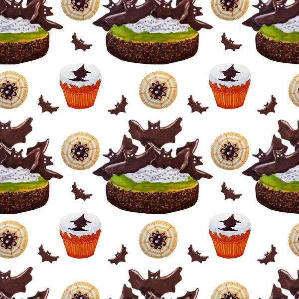 Halloween sweets pattern. Hand drawn, watercolor, halloween background, sweets, candies. Design for halloween party, gift paper, wallpaper, covering design.