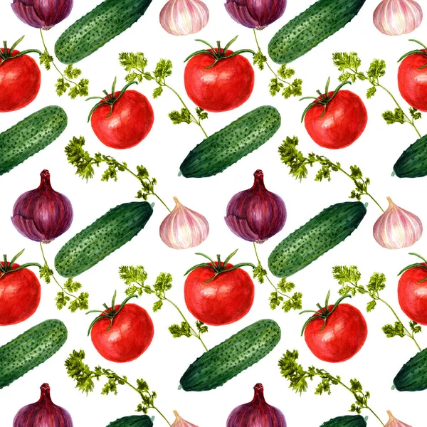 Presentes Natureza Tomates Pimentas Cebolas Pepinos Parsley Pattern Imagens Aquarela — Fotografia de Stock