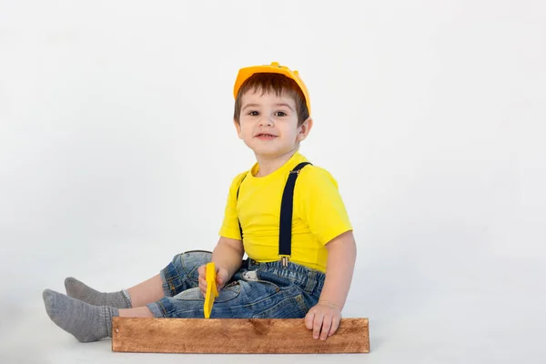 Small Boy Builder Suit Makes Repairs White Background — Stock Photo, Image