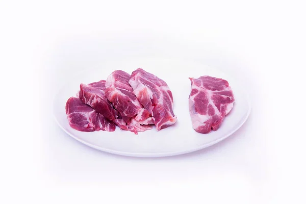 Bife Porco Cru Prato Branco Carne Bovina Sangue Porco Dieta — Fotografia de Stock