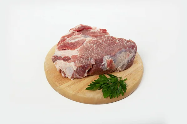 Pedaço Carne Crua Porco Suporte Madeira — Fotografia de Stock
