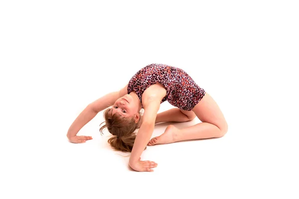 Meisje Turner Danser Sportvrouw Staan Gymnastiek Brug Witte Achtergrond — Stockfoto