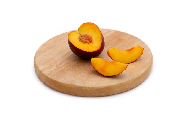 Peach Nectarine Cut Pieces Wooden Plate — Stock Photo, Image
