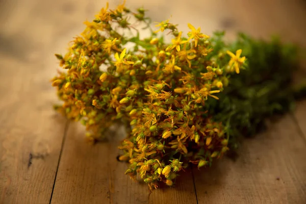 Bouquet Yellow Flowers Medicinal Hypericaceae Wooden Background — Stock Photo, Image