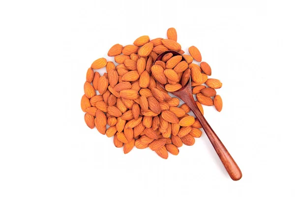 Nuts Almonds Wooden Spoon White Background Top View — Stock Photo, Image