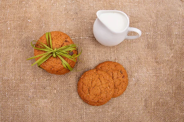 Oatmeal Cookies Milk Old Burlap — Stock Photo, Image