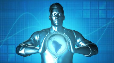 Küre tutan işadamı ile küresel ağ arka plan