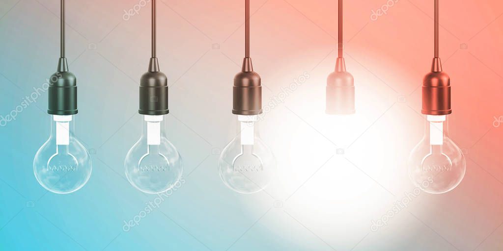 Row of Hanging Lightbulbs with One Lit Up