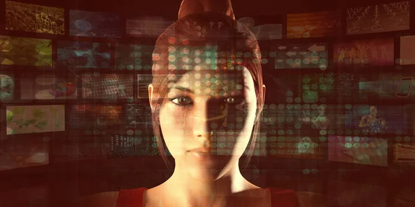 Antecedentes Abstractos Tecnología Con Mujer Usando Software Avanzado — Foto de Stock
