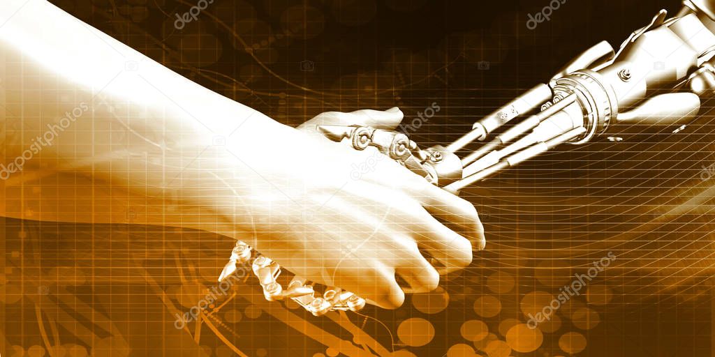 Man and Machine Robot Hand Handshake as Tech Concept