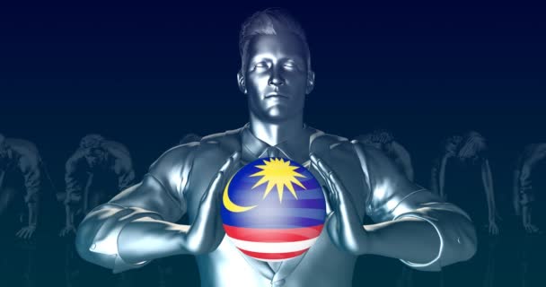 Man Holding Flag of Malaysia as Global Sphere — Stock Video