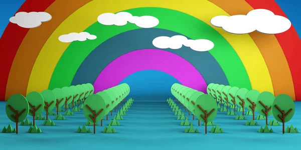 Arcobaleno Cielo Alberi Illustrazione Render — Foto Stock