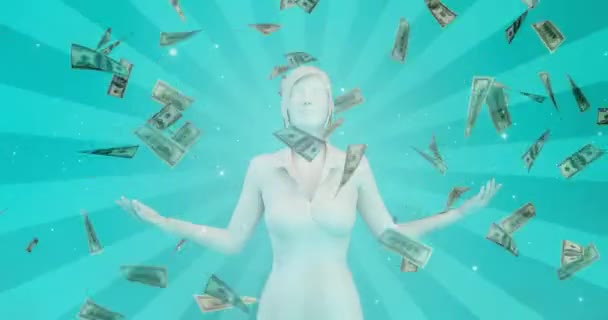 Гроші, що падають з неба з азіатською діловою жінкою — стокове відео
