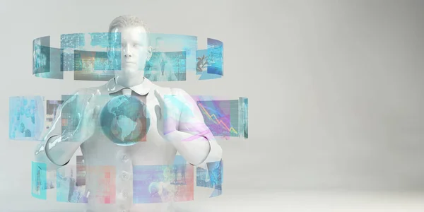 Der Mensch Nutzt Futuristische Schnittstelle Mit Digitaler Virtual Reality Konsole — Stockfoto