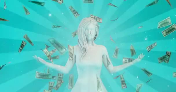 Dinheiro caindo do céu com a mulher de negócios asiática — Vídeo de Stock