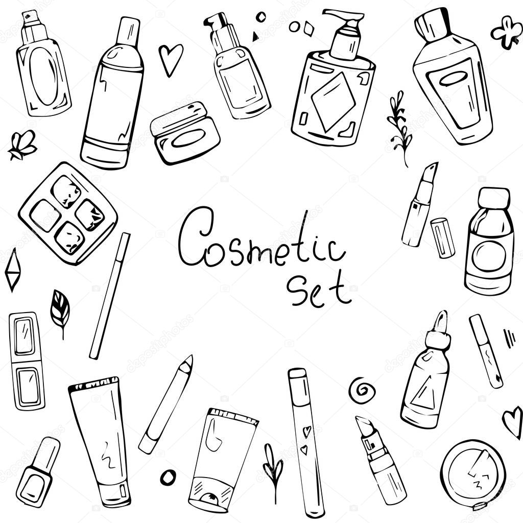 Vector hand-drawn cosmetics and bottles. Black and white illustration. Many items