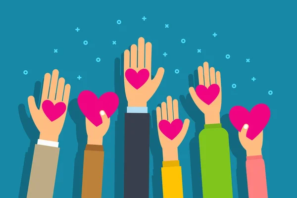 Charity Donation Concept People Give Hearts Palm Hand Flat Style — Stock Vector