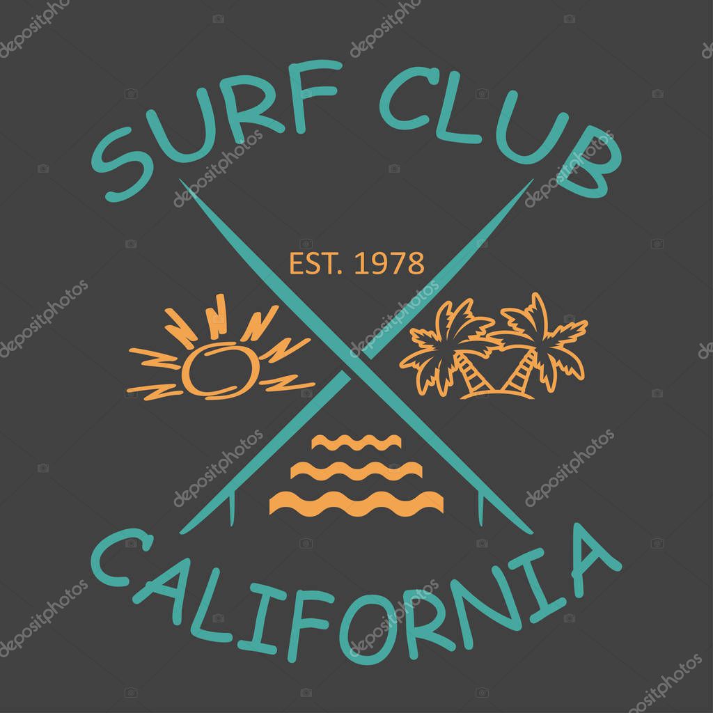Surfing design California with the image of surfboards, sun, palm trees, waves. Design clothes, t-shirts. Vector illustration.