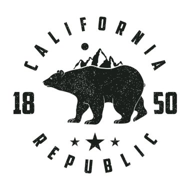 Ayı ve dağlar ile California grunge baskı.