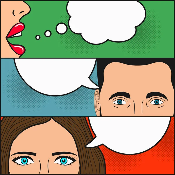 Dialogue entre deux filles et un homme avec des bulles d'expression . — Image vectorielle