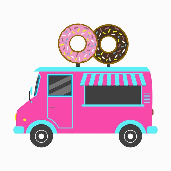 Donut truck. Fast food Bakery van with signboard. — Stock Vector