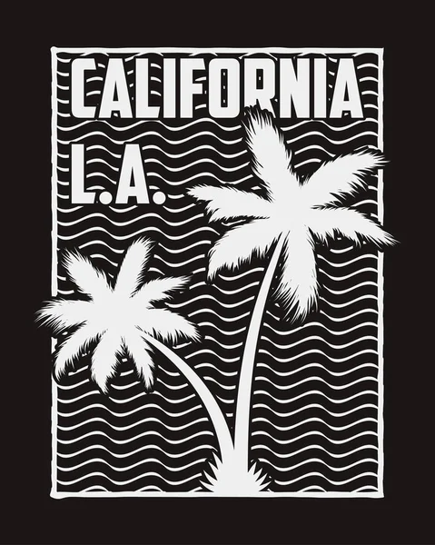 Kaliforniai nyomtatni póló pálmákkal és hullámokkal. — Stock Vector