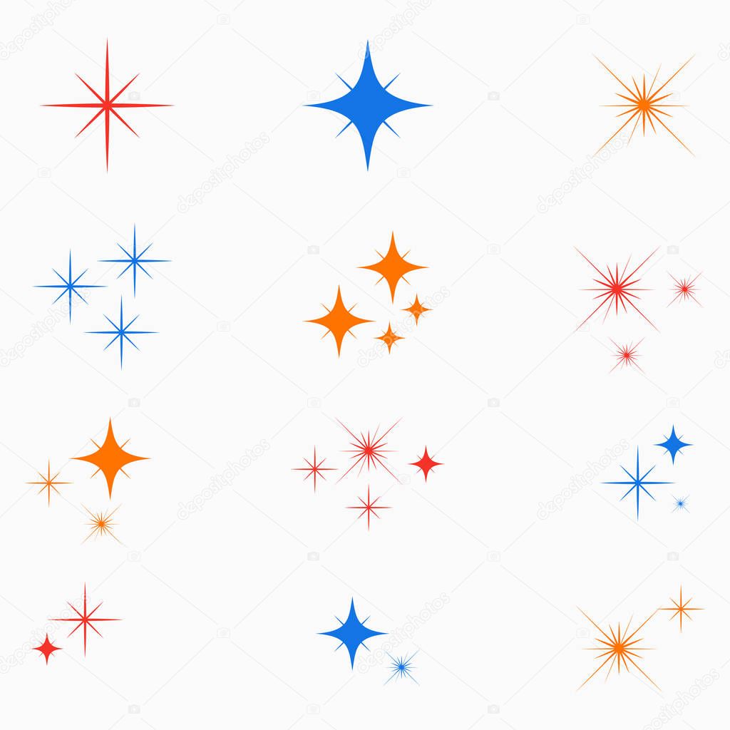 Sparkle stars. Color glowing light effect signs.