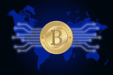 Altın Bitcoin kripto para birimi Dünya haritasında.