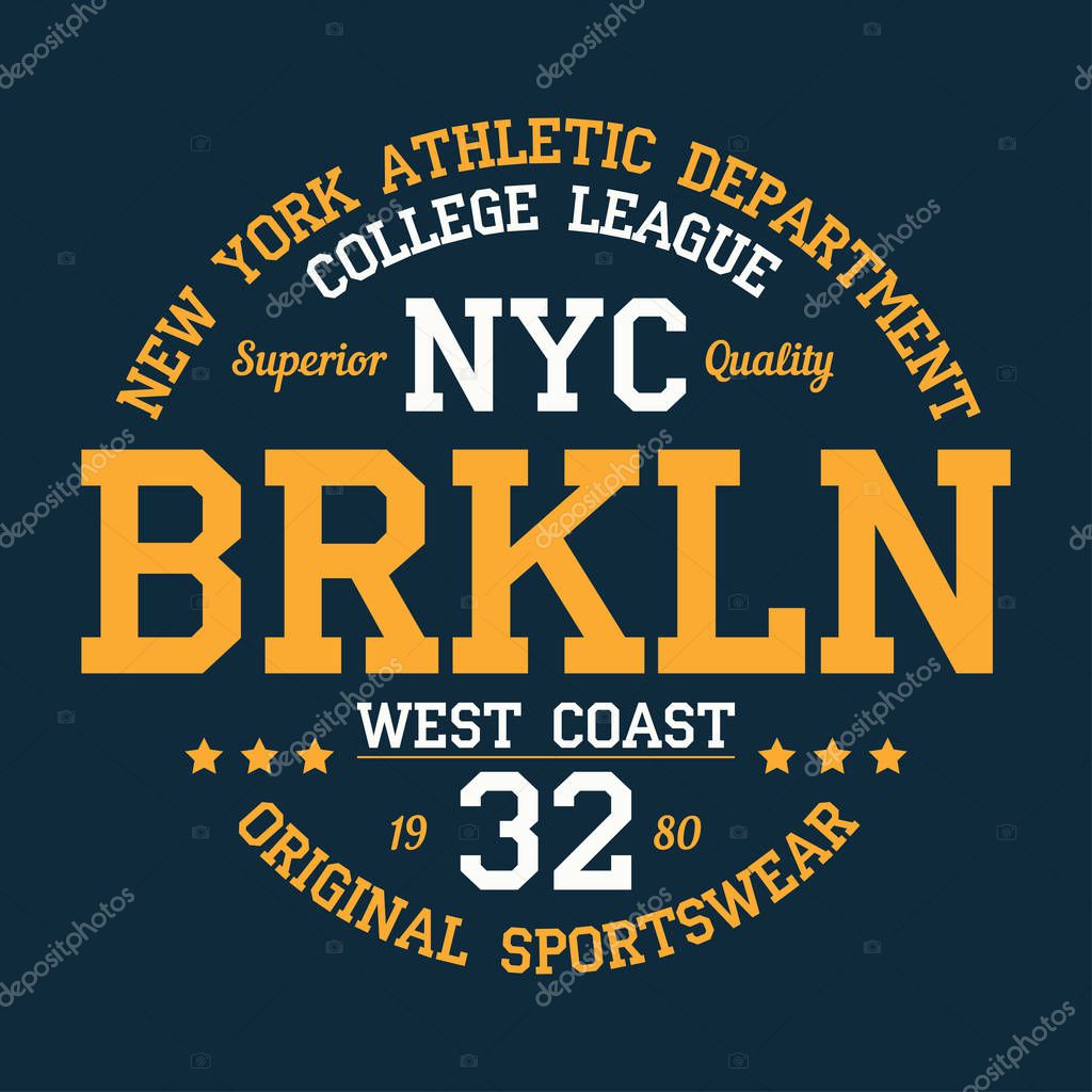 New York, Brooklyn - typography for design clothes, athletic t-shirt. Graphics for print product, apparel. Badge for original sportswear. Vector illustration.