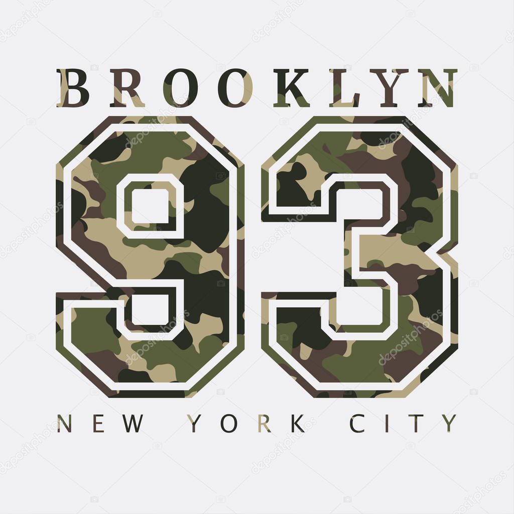 Brooklyn, New York. Design clothes with camouflage, t-shirts. Sports graphics with number for print. Vector illustration.