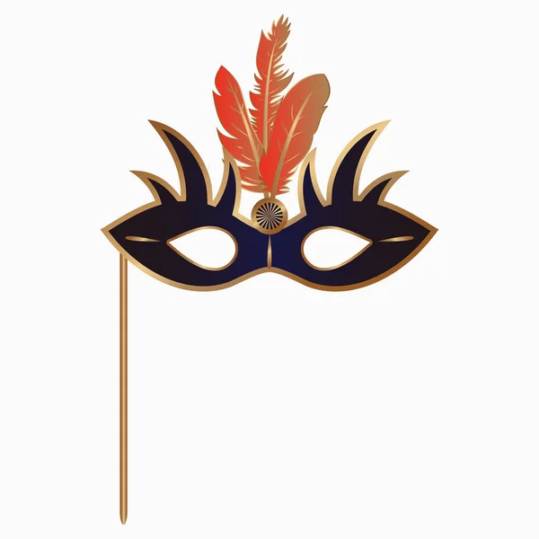 Карнавальная маска с перьями и ручкой . — стоковый вектор