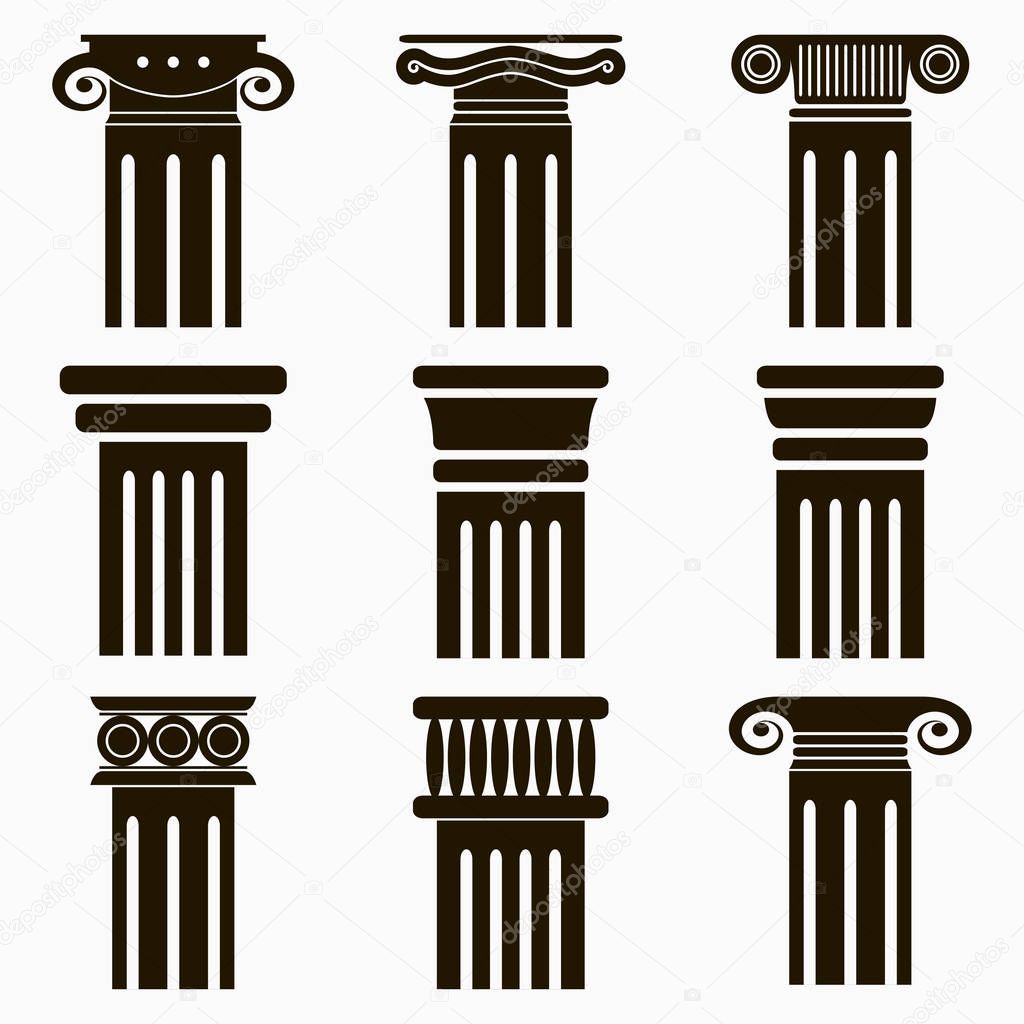 Column icons. Set of ancient architecture pillars.