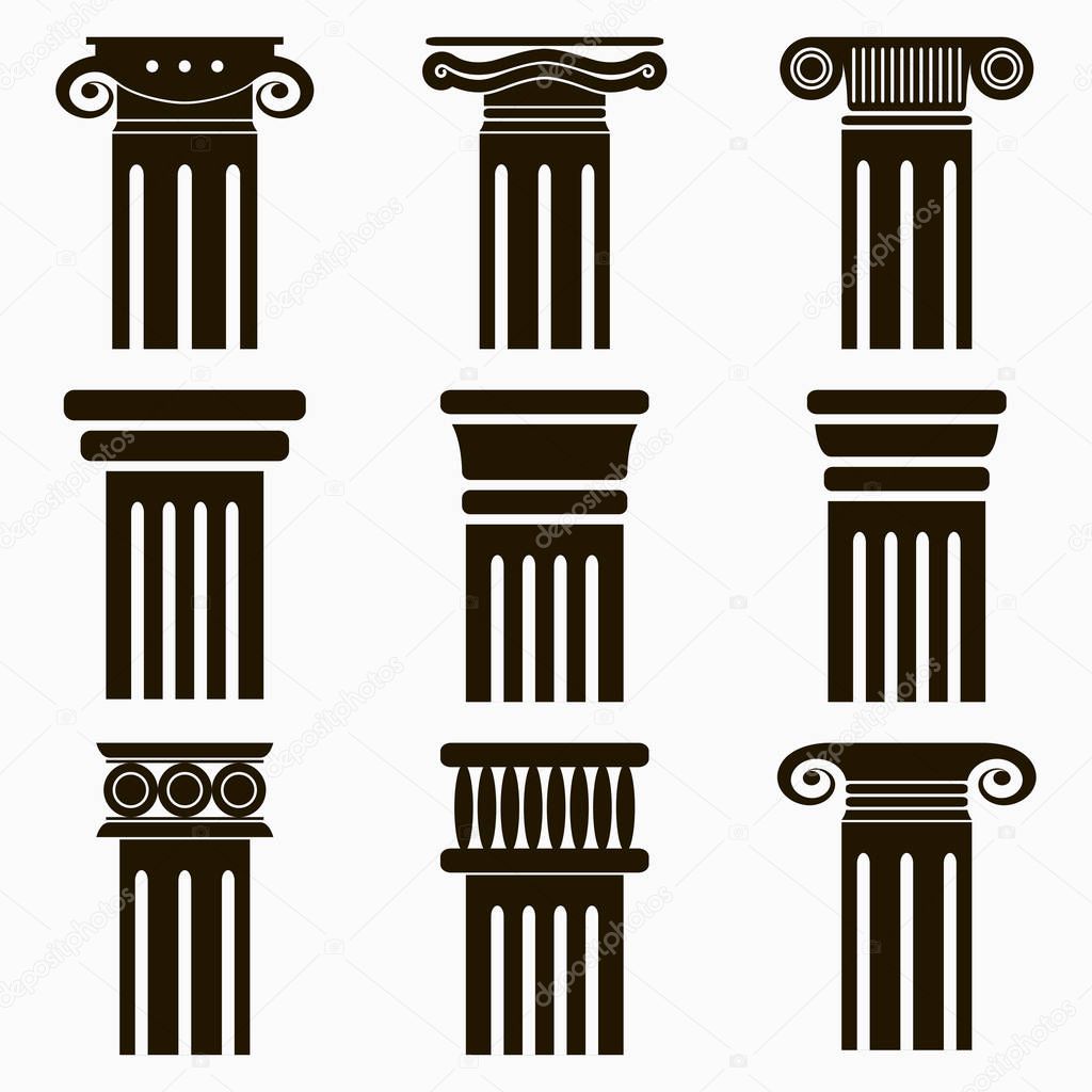 Column icons. Set of ancient architecture pillars. Vector illustration.