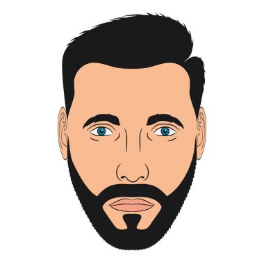 Sakallı bir adamın yüzü. Karikatür tarzında erkek kafası