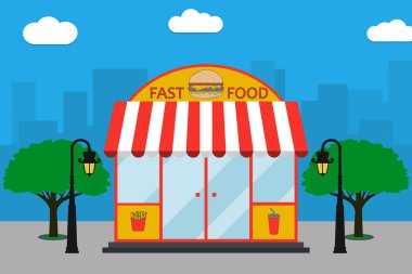 Fast Food bina cephe, burger ile tabela.