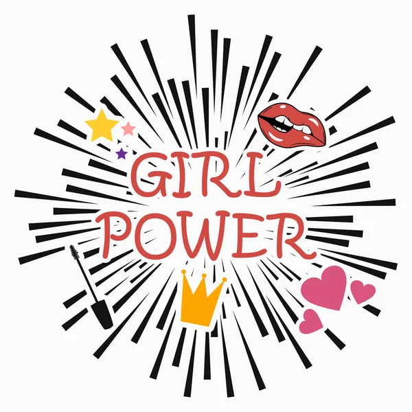 Girl Power-slogan feminizmu z gwiazdą, usta, serce, tusz do rzęs, Korona. — Wektor stockowy