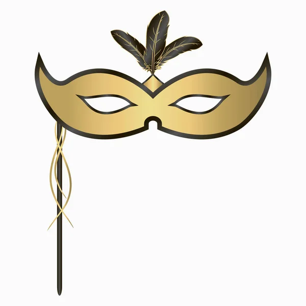 Venetian carnival face mask with feathers, handle. — Stock Vector