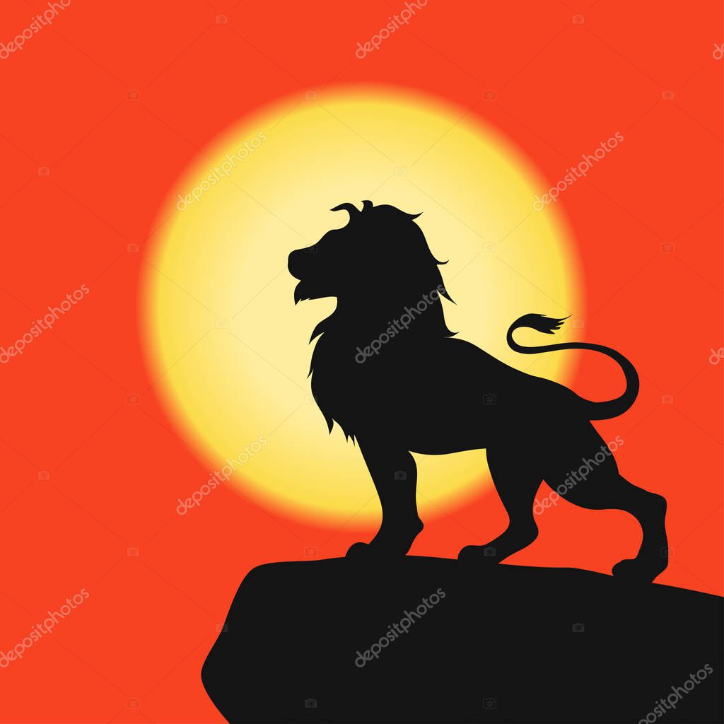 Lion on a rock - black silhouette on background of the sunset. African Safari. Vector illustration.