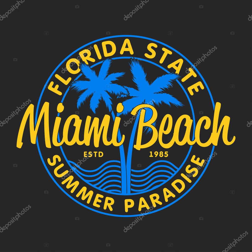 Miami Beach, Florida State - typography for design clothes, t-shirts with palm trees and waves. Graphics for print product, apparel. Vector illustration.
