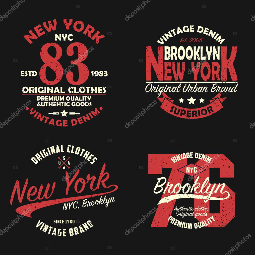 Set of New York, Brooklyn vintage brand graphic for t-shirt. Original clothes design with grunge. Authentic apparel typography. Retro sportswear print. Vector illustration.