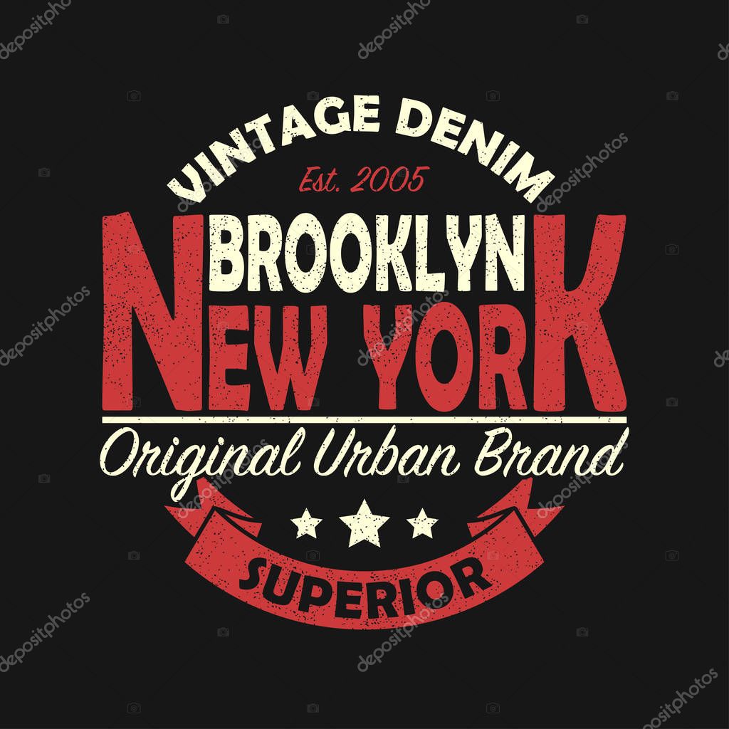 New York, Brooklyn vintage brand graphic for t-shirt. Original clothes design with grunge. Authentic apparel typography with ribbon. Retro sportswear print. Vector illustration.
