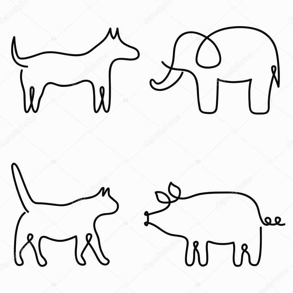 Animals one line drawing. Continuous line print - cat, dog, pig, elephant. Hand-drawn illustration for logo, emblem and design card, poster. Vector.