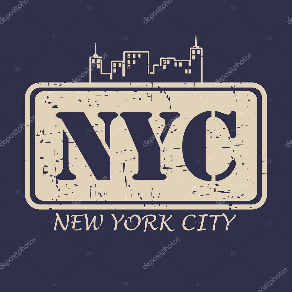 NYC, New York City typography for design clothes, t-shirts. Silhouette of the city skyline - architecture and buildings. Graphics for print product. Vector illustration.