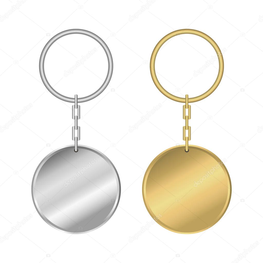 Metal keychain. Golden and silver round keyring.