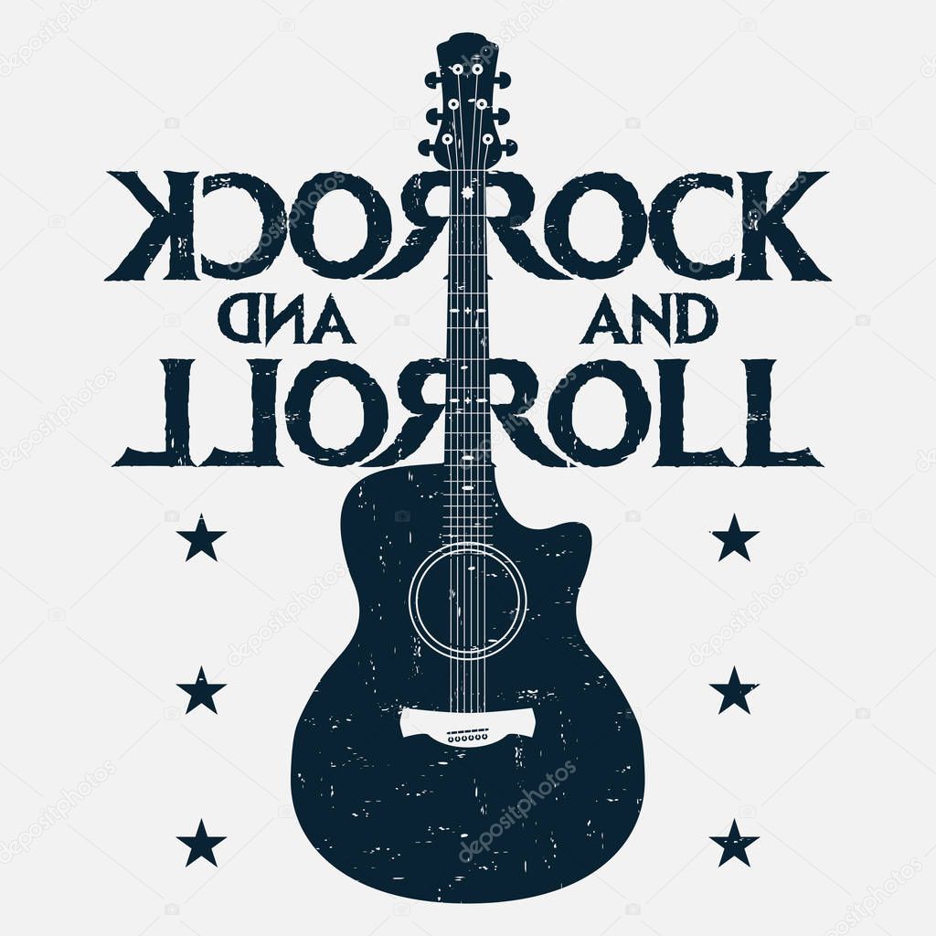 Rock and roll music grunge print with guitar.