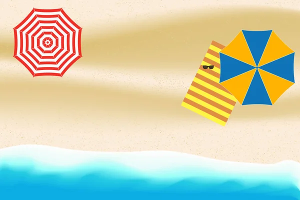 Zee-of oceaan strand met parasols. — Stockvector