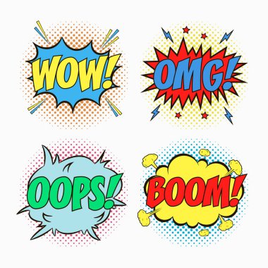 Komik konuşma kabarcıkları - Wow. Omg. Oops. Boom.
