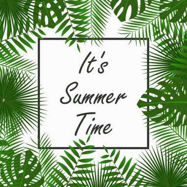 Tropikal palmiye yaprakları ile Yaz Saati kart tasarımı.