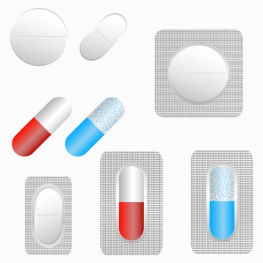 Pills, blister paketi tablet ve kapsül seti.